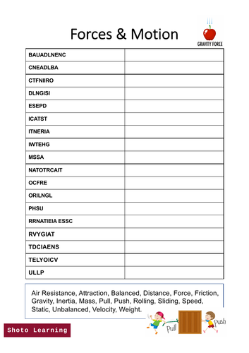 FORCES AND MOTION SCIENCE ACTIVITY - WORD SCRAMBLE PUZZLE VOCABULARY