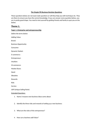 Edexcel GCSE Business Theme 1 Knowledge Revision Questions | Teaching ...