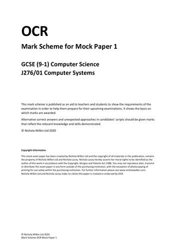 Mock Exam Paper 1 Ocr Gcse Computer Science J276 1 Teaching Resources