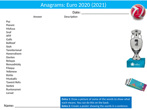 Football Euro 2020 Soccer 2 x Anagrams Puzzle Sheet Activity Keywords ...