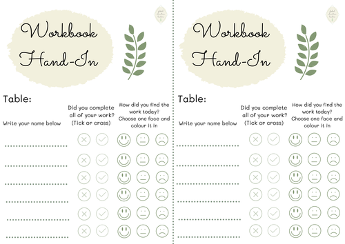 Workbook hand-in record sheet