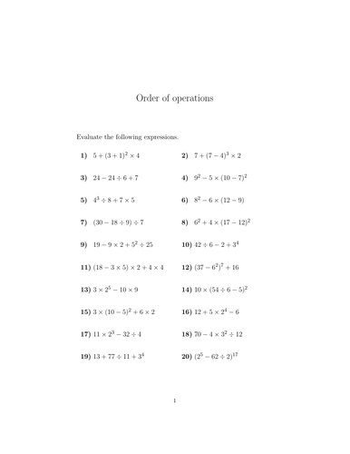 the order of operations assignment answers