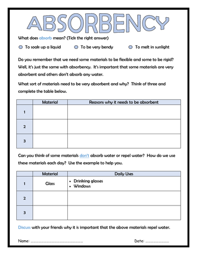 Absorbency Worksheet