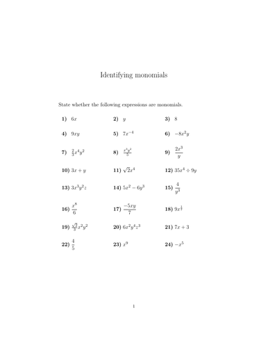 Identifying monomials worksheet (with answers) | Teaching Resources