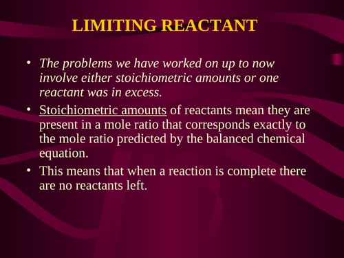 FREE LIMITING REACTANT STOICHIOMETRY POWER POINT Grade 11 Chemistry ...