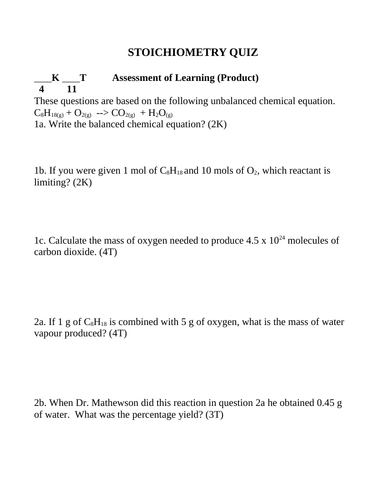 FREE STOICHIOMETRY QUIZ Grade 11 Chemistry Quiz Stoichiometry Chemistry Quiz WITH ANSWERS