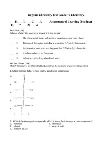 FREE ORGANIC CHEMISTRY TEST Grade 12 Chemistry Test Organic Chemistry Unit Test WITH ANSWERS