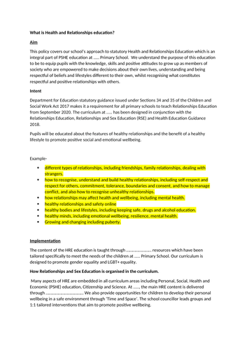 PSHE subject leader policies (PSHE/SRE/British Values)