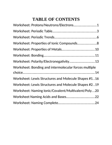 12 WORKSHEETS Grade 11 Chemistry Matter, Periodic Table, Naming, Bonding Unit WITH ANSWERS