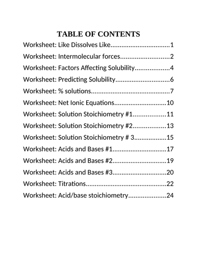 14 WORKSHEETS SOLUTIONS AND SOLUBILITY Worksheets Grade 11 Chemistry WITH ANSWERS