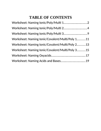 8 WORKSHEETS Naming Compounds Worksheets Grade 11 Chemistry WITH ANSWERS