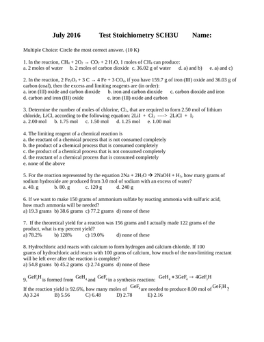 Solid Stoichiometry Test Package Grade 11 Chemistry