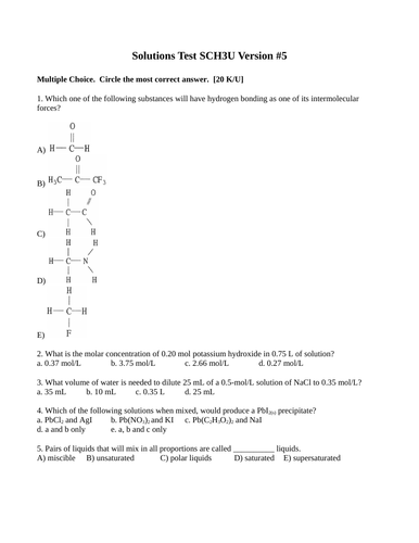 Solutions Test Package Grade 11 Chemistry Version #5