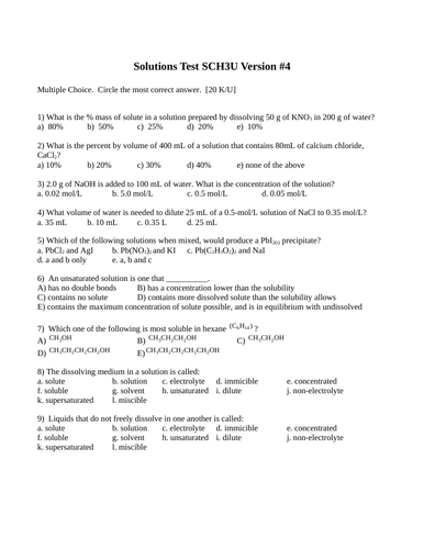 Solutions Test Package Grade 11 Chemistry Version #4
