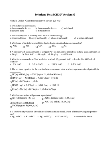 Solutions Test Package Grade 11 Chemistry Version #3