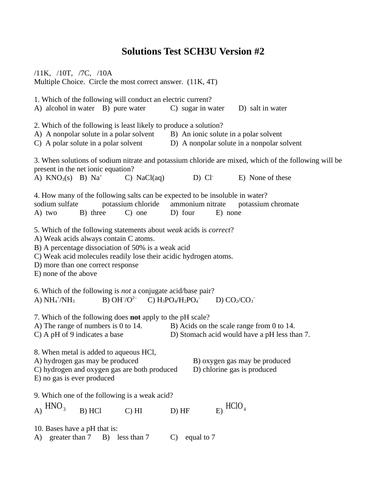 Solutions Test Package Grade 11 Chemistry Version #2
