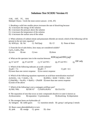 Solutions Test Package Grade 11 Chemistry Version #1