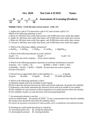 Solutions Test #6 Grade 11 Chemistry