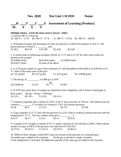 Gases Test #6 Grade 11 Chemistry