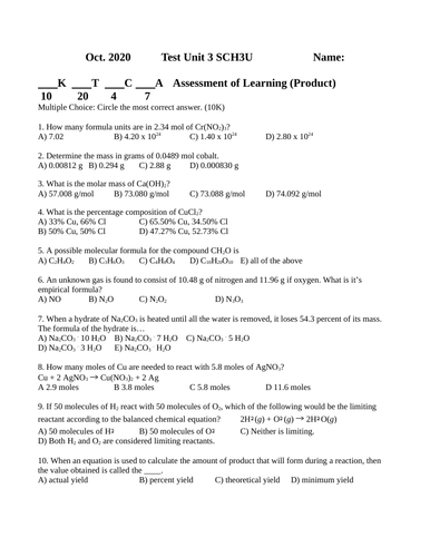 % Composition and Stoichiometry Test #6 Grade 11 Chemistry