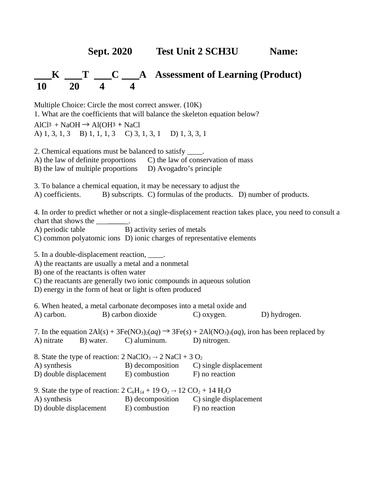 Balancing and Reaction Test #6 Grade 11 Chemistry