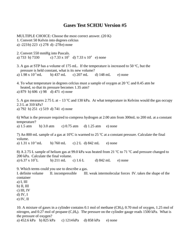 Gases Test Package Grade 11 Chemistry Version #5