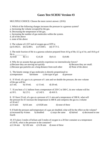 Gases Test Package Grade 11 Chemistry Version #3