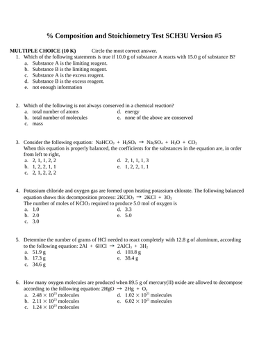 % Composition and Stoichiometry Test Package Grade 11 Chemistry Version #5