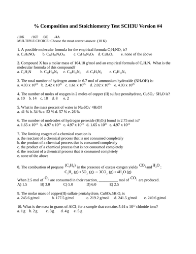 % Composition and Stoichiometry Test Package Grade 11 Chemistry Version #4