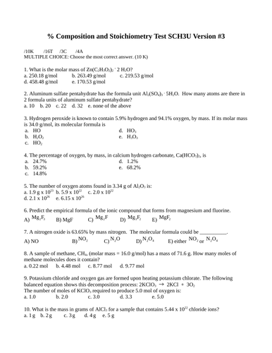 % Composition and Stoichiometry Test Package Grade 11 Chemistry Version #3