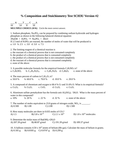 % Composition and Stoichiometry Test Package Grade 11 Chemistry Version #2