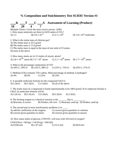 % Composition and Stoichiometry Test Package Grade 11 Chemistry Version #1