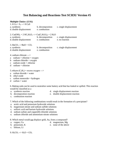 Balancing and Reactions Test Package Grade 11 Chemistry Version #5