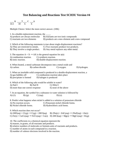 Balancing and Reactions Test Package Grade 11 Chemistry Version #4