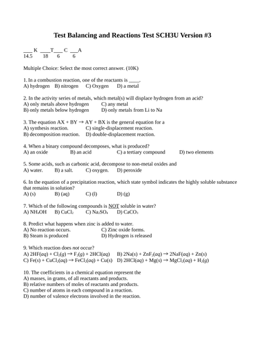 Balancing and Reactions Test Package Grade 11 Chemistry Version #3