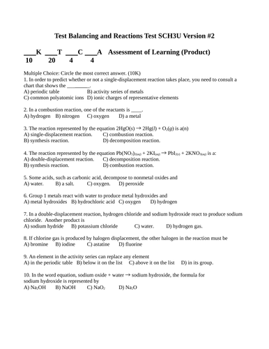 Balancing and Reactions Test Package Grade 11 Chemistry Version #2