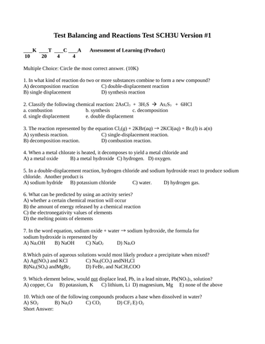 Balancing and Reactions Test Package Grade 11 Chemistry Version #1