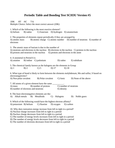 Periodic Table and Bonding Test Package Grade 11 Chemistry Version #5