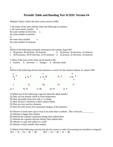 Periodic Table and Bonding Test Package Grade 11 Chemistry Version #4