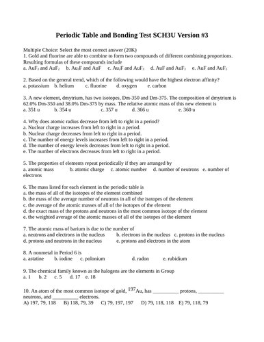 Periodic Table and Bonding Test Package Grade 11 Chemistry Version #3