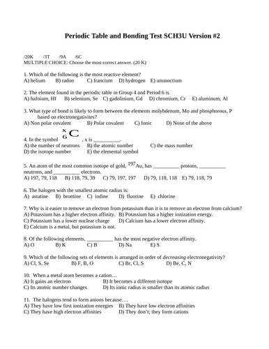 Periodic Table and Bonding Test Package Grade 11 Chemistry Version #2