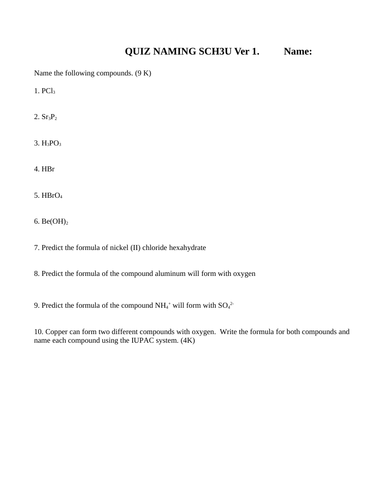 Naming Quizzes Grade 11 Chemistry