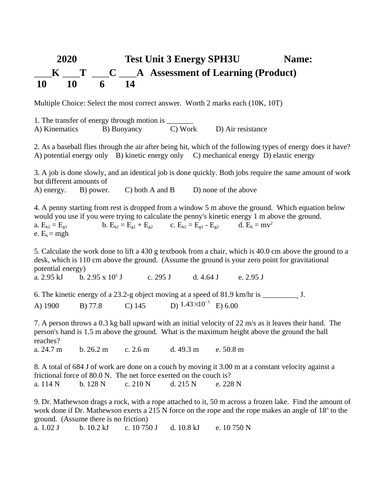 Energy Test #6 Grade 11 Physics
