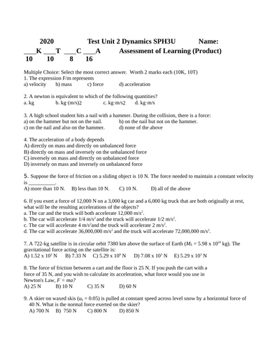 Dynamics Test #6 Grade 11 Physics