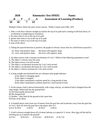 Kinematics Test #6 Grade 11 Physics