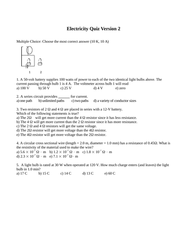 Electricity and Magnetism Quiz and Test Package Grade 11 Physics Version #2