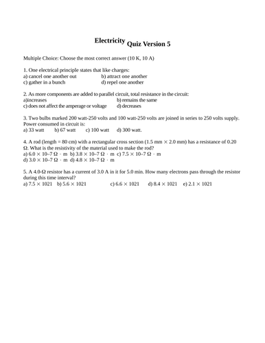 Electricity and Magnetism Quiz and Test Package Grade 11 Physics Version #5