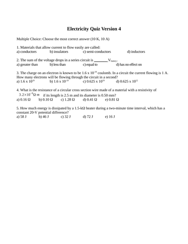 Electricity and Magnetism Quiz and Test Package Grade 11 Physics Version #4