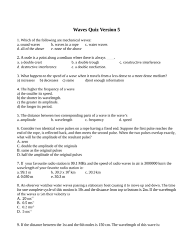 Longitudinal, Transverse Waves, Standing Waves, Quizzes and Test Package Grade 11 Physics Version #5