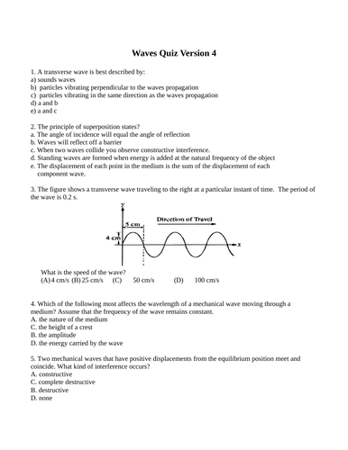 Longitudinal, Transverse Waves, Standing Waves, Quizzes and Test Package Grade 11 Physics Version #4